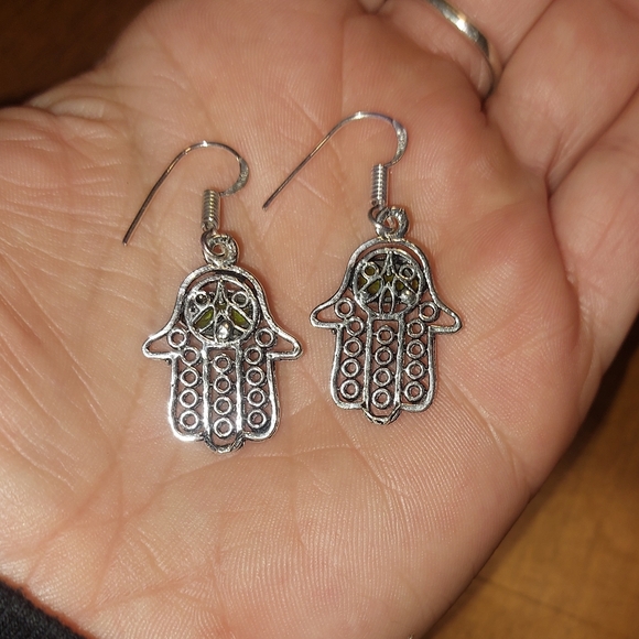 Green Peridot Hamsa Hand Drop Earrings π - Picture 5 of 5